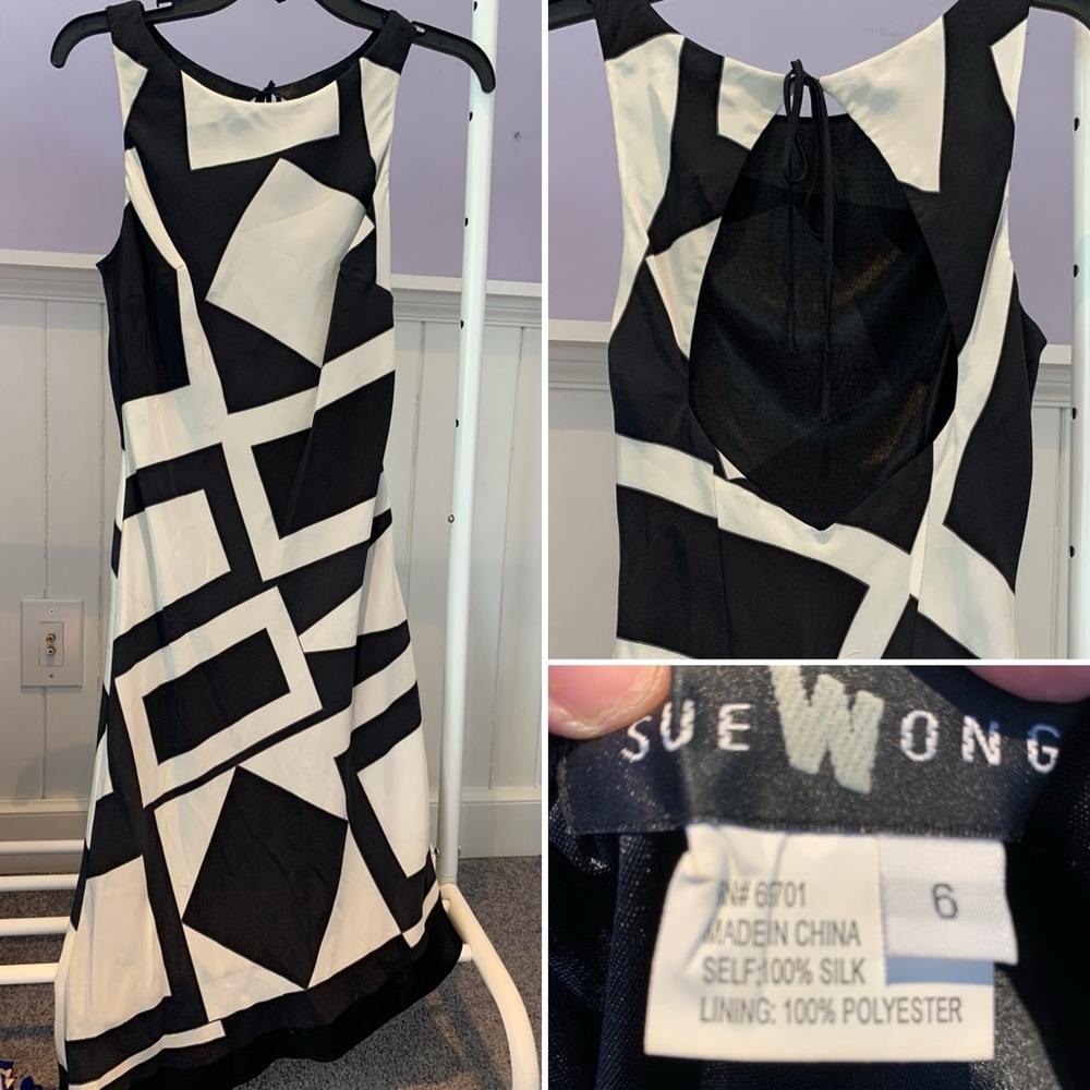 Sue Wong Formal Geometric Black and White Silk Backless Dress